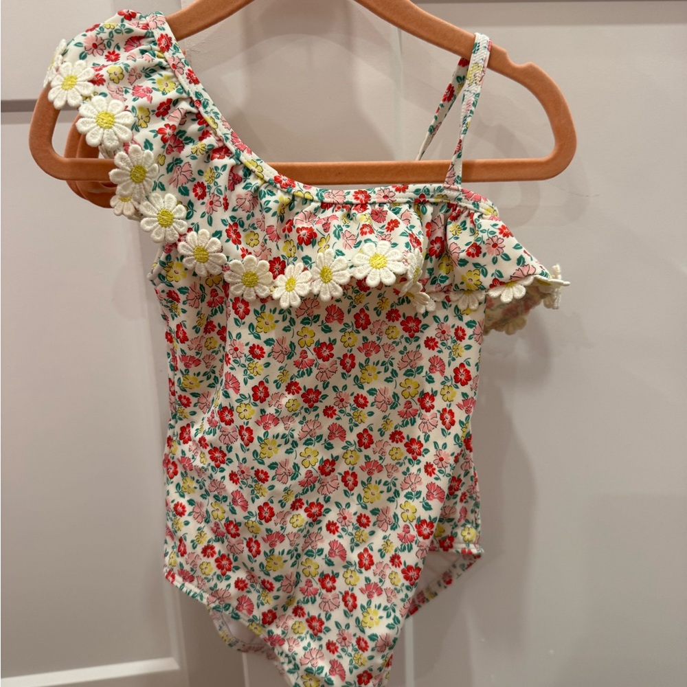 Mini Boden White Floral One-Shoulder Swimsuit with Pink and Green Trim